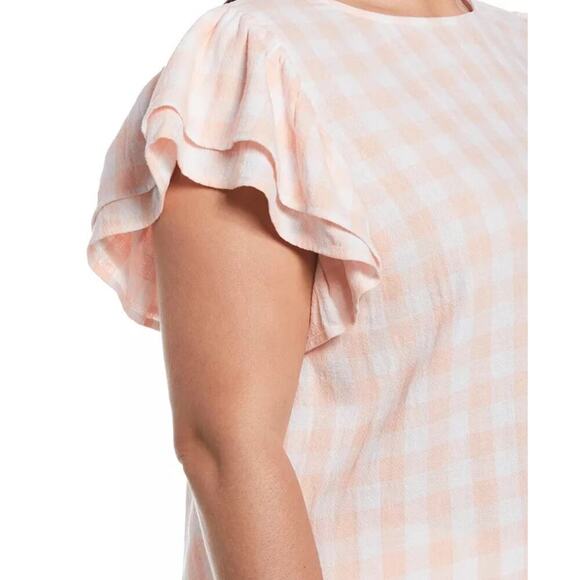 Ella Rafaella Linen Blend Plaided Flutter Short Sleeve Top Peach Melba Large NEW - Picture 3 of 8